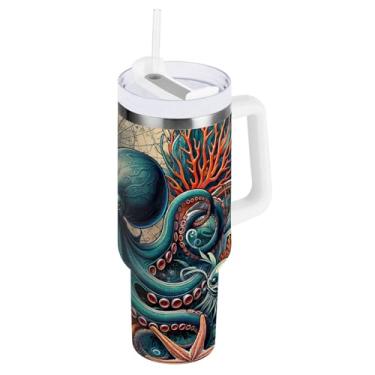 Imagem de ODAWA Copo grande à prova de vazamento, copo isolado de aço inoxidável vintage coral polvo com canudo e alça