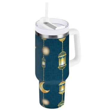 Imagem de ODAWA Copo de viagem grande isolado com alça e tampa de palha, copo à prova de derramamento de lua crescente com copo isolado a vácuo com canudo