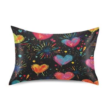 Imagem de Wassud Fronha de cetim com corações coloridos vibrantes e fogos de artifício para cabelo e pele fronhas de seda lisa tamanho padrão capas de travesseiro respiráveis com fecho de envelope