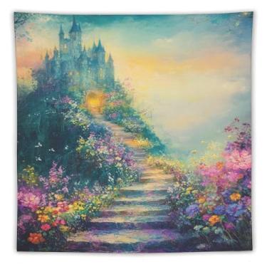 Imagem de Tapeçaria Dreamy Blue Castle Garden Staircase Wall Hanging Colorful Floral Path Landscape Art For Bedroom Living Room Dorm Apartment Romantic Fairytale Wonderland DecorTapestry70 x 90