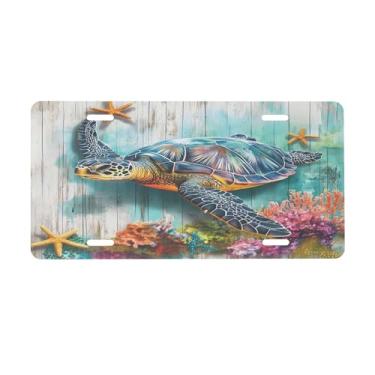 Imagem de Placa de matrícula de tartaruga oceânica de madeira para a frente do carro placas de alumínio metal adequado para caminhão, placa de porta de carro, bar, café, acessórios automotivos para homens e
