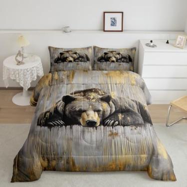 Imagem de Erosebridal Conjunto de edredom com urso-pardo, para mulheres, homens, campo, fazenda, floresta, vintage, pintura dourada, edredom rústico, decoração de quarto de cabana