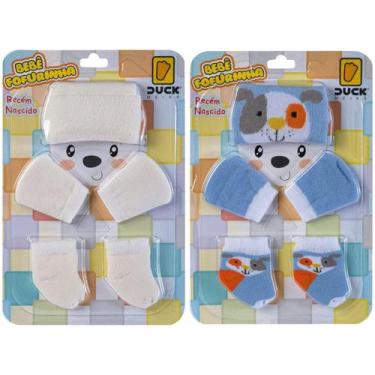 Imagem de 2 Kit Bebê Meias Touca Luvas Recém Nascido Menino Saída Maternidade - 