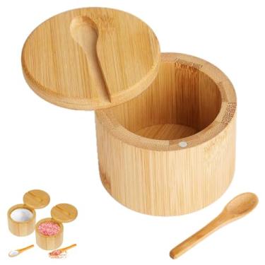 Imagem de Caixa de sal de bambu, recipiente de especiarias de pimenta, adega de sal de bambu, caixa de sal com tampa giratória e colher, potes de tempero para sal marinho, açúcar, ervas, especiarias, ideal para