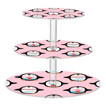 Imagem de Pinguins fofos de desenho animado rosa para festa de chá e cupcake, 3 camadas, copo redondo, torre de bolo, organizador fofo, suporte de sobremesa, expositor de mesa, bandejas de comida de casamento