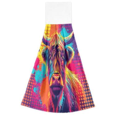 Imagem de Joitme Toalhas de mão Pop Art Highland Cow com laços para pendurar toalhas de forno com ponta de dedo conjunto de 2 toalhas de cozinha fofas altamente absorventes decorativas, 46 x 35 cm