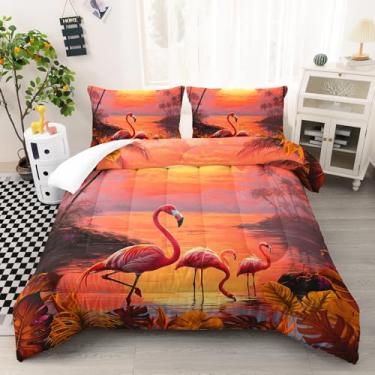 Imagem de AILONEN Conjunto de edredom flamingos rosa para crianças, meninas, mulheres, tamanho casal, 3 peças, praia, pôr do sol, conjunto de edredom estilo havaiano, 1 colcha + 2 fronhas, microfibra macia