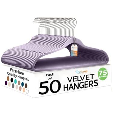 Imagem de Cabide de veludo premium TechZoo, ultrafino, antiderrapante, adulto, poupa espaço, resistente, para armário, casaco/calça/paletó/vestido, gancho com giro 360°, suporta até 4,5 kg (roxo, 50 unidades)
