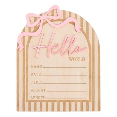 Imagem de Olá Mundo Sinal Recém-Nascidos, Placa de Madeira com Laço Rosa Placa Divertida para Anúncio Nascimento Adequada para Casa Hospital Berçário Decoração