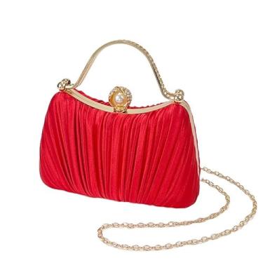 Imagem de Bolsa clutch feminina dourada com purpurina, plissada, para festa de casamento nupcial com anel de strass, Vermelho