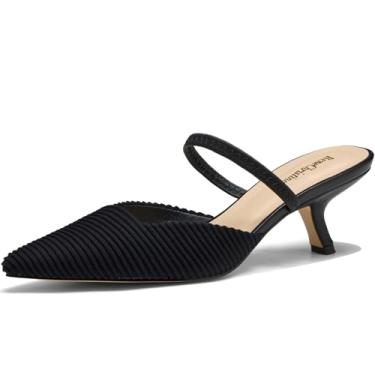 Imagem de ReneChristine Salto gatinho feminino fechado bico fino slingback com tira elástica 6 cm salto alto stiletto slip on sandálias mules trabalho festa vestido sapatos, Malha preta, 39