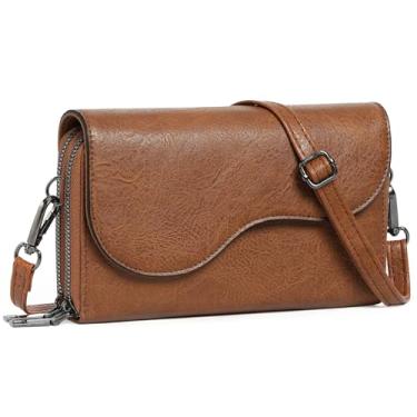 Imagem de GOIACII Bolsa transversal feminina com aba para celular, bolsa de ombro de couro vegano, carteira vintage com alça de poliuretano, Marrom claro
