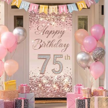 Imagem de BlissYard Capa de porta de aniversário de 75 anos 178 x 89 cm elegante faixa de aniversário de ouro rosa com glitter para mulheres com diamantes brilhantes número setenta e quinto marco celebração