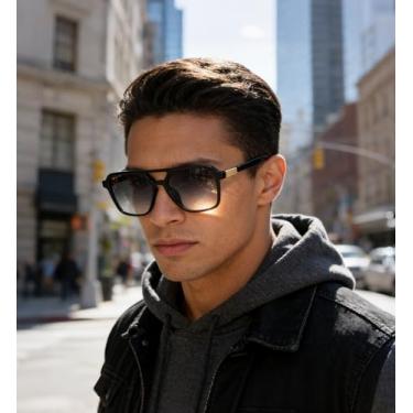 Imagem de Óculos de sol aviador retrô masculino e feminino, armação grossa, ponte dupla, óculos de aviador retrô para mulheres e homens, óculos retangulares modernos retangulares, Armação preta e lente cinza