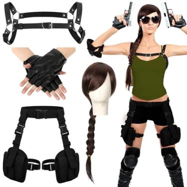 Imagem de WinnerWhy 4 Pcs Halloween Thigh Holsters Costume Long Brown Braided Wig Women Waist Harness Cool Belt Half Finger Gloves Cowboy Toys Party Accessory Halloween Cosplay Costume for Women