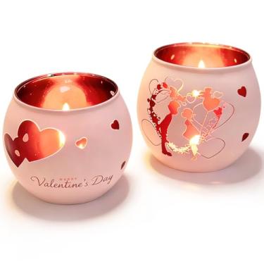 Imagem de Castiçais de luz de chá de vidro de coração, mesa de suporte de luz de chá votiva, decorações de centro de mesa de amor para decoração de festa de casamento dos namorados (Rosa-2)