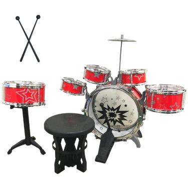 Imagem de Bateria Infantil Musical Completa 5 Tambores Bumbo 30cm Baqueta Banquinho Importway Bw242