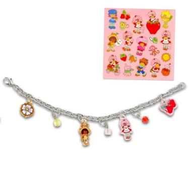 Imagem de Strawberry Shortcake Joias para meninas pequenas – Pacote com pulseira fofa com 4 pingentes de metal e 3 miçangas mais adesivos | Pulseira Strawberry Shortcake para crianças