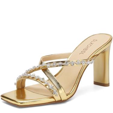 Imagem de SLXCHBSL Sandálias femininas de salto alto com tiras abertas quadradas com strass de 8,2 cm de salto alto grosso para festas, casamentos, uso casual ou diário, Dourado, 37