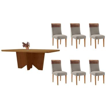 Imagem de Sala Jantar Mesa Nevada Tampo Curvo 180cm+6 Cadeiras Jaspe Madeira Naturale - Capuccino/Suede Capuccino - Rufato