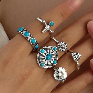 Imagem de Conjunto de anéis turquesa para mulheres, anéis empilháveis vintage ocidentais, anéis de articulação de joias boho, joias turquesa ajustáveis na moda para mulheres, Medium, Latão, Sem pedra preciosa
