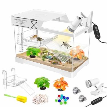 Imagem de GOZILLA Kit de mini tanque de tartaruga com lâmpada, kit de iniciante de tanque de tartaruga de PC com lâmpada ajustável, habitat de répteis com tampa, plataforma suspensa para bebês tartarugas e