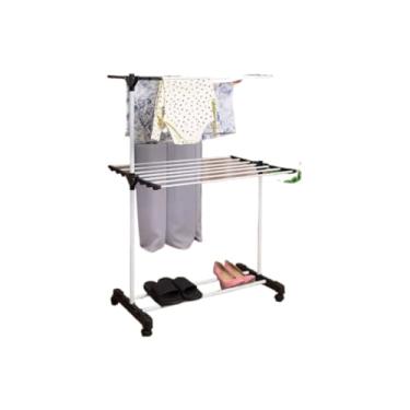 Imagem de Varal de Chão Grande 3 Andares com Grade para Roupa e Calcinha, Dobrável Portátil com Rodinhas(PRETO)