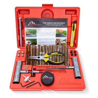 Imagem de Kit de reparo de pneu da Boulder Tools - Kit de plugue resistente para carros, caminhões, motocicletas, ATVs - Conjunto completo de ferramentas automotivas de fixação plana com estojo de armazenamento