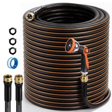 Imagem de Mangueira de jardim, mangueira de água de borracha resistente de 30.5 m 5/20.3 cm com bocal de pulverização de 10 modos, explosão de 550 PSI, conectores giratórios anti-torção de 360°, flexível para