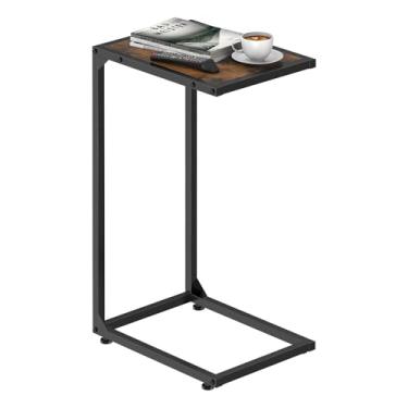 Imagem de YAHKBTEN Mesa de canto em forma de C para pequenos espaços, mesa lateral de sofá de sala de estar com moldura de metal, mesas de bandeja de TV para quarto deslizante sob o sofá, marrom rústico