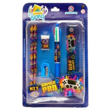 Imagem de Kit Escolar Infantil Caneta 4 Cores, Régua, Lapis Acessórios (Gamers)