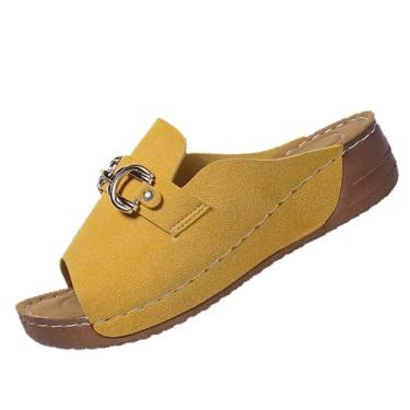 Imagem de Sandálias femininas de cor sólida com fivela de metal e sola grossa, Amarelo, 34