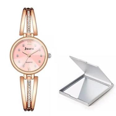 Imagem de Kit Relógio Luxo Feminino Rose Pulseira Com Pedras + Espelho-Feminino