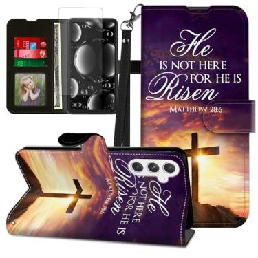 Imagem de BREIDMKFM Capa para Samsung S25 FE, capa para celular Samsung Galaxy S25 FE com protetor de tela e suporte, suporte para cartão e alça de pulso flip carteira de couro capa magnética, cruz da Bíblia de