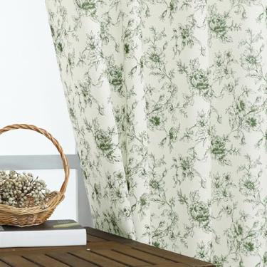 Imagem de Cortinas transparentes de linho floral verde-oliva 153 cm de comprimento, conjunto de 2 painéis para quarto, aba traseira, bolso de haste, cortinas transparentes para sala de estar