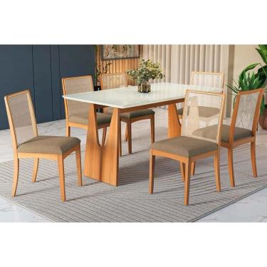 Imagem de Conjunto Mesa Mila Premium Madeira Maciça c/ Tampo Madeirado c/ Vidro 160x90cm e 6 Cadeiras Lara Carvalho/Off White - Boucle Bege Fendi Kappesberg
