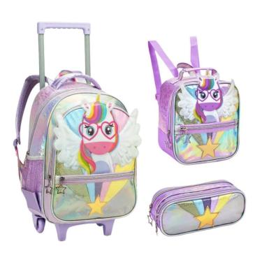 Imagem de Kit Mochila Rodinha 16 Unicórnio Lancheira Térmica Estojo