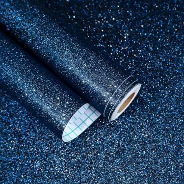 Imagem de EaseStick Papel de parede com glitter preto azul para artesanato, armário, quarto, papel de parede autoadesivo removível azul marinho com lantejoulas