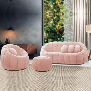 Imagem de Sofá 2 Lugares Com Puff E Poltrona Giratória Orgânica Cloud Bouclê E03 - D`rossi Cor Rose