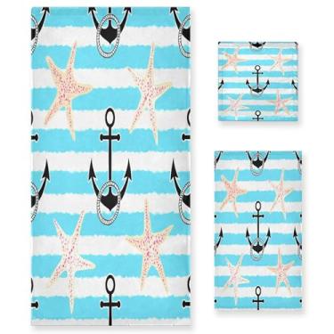 Imagem de xigua Conjunto de toalhas de banheiro listradas e estrelas do mar absorvente macio 3 peças toalha de banho toalha de mão toalhas decorativas para banheiro, academia, hotel, praia, piscina