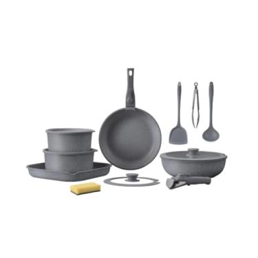 Imagem de Conjunto de Panelas e Utensílios de Cozinha, Cinza, Antiaderente, de Cerâmica, Por Indução, Inclui Frigideira, Panelas, Utensílios e Esponja