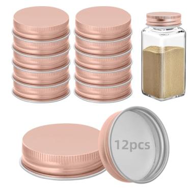 Imagem de 12 tampas de pote de ferro para potes quadrados de 113 g e 170 g reutilizáveis latas herméticas de armazenamento de especiarias para cozinha de vedação agradável (ouro rosa)