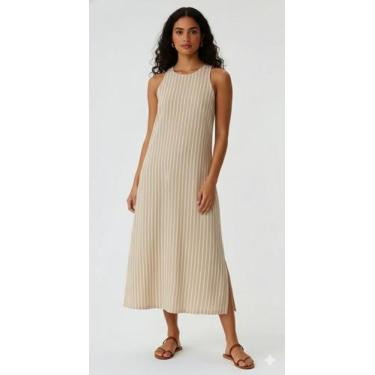 Imagem de Vestido Longo 100% Linho Fenda Lateral Listrado Zanca Modas, Listrado 