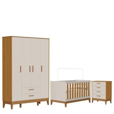 Imagem de Quarto De Bebê Flip Guarda Roupa 4 Portas E Cômoda Gaveteiro Areia Acetinado Savana - Reller