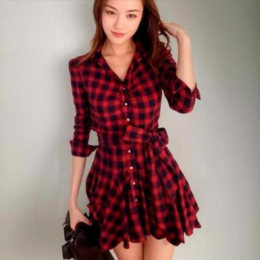 Imagem de Vestido Xadrez Vermelho Adulto  Manga Longa inverno roupas Femininas P