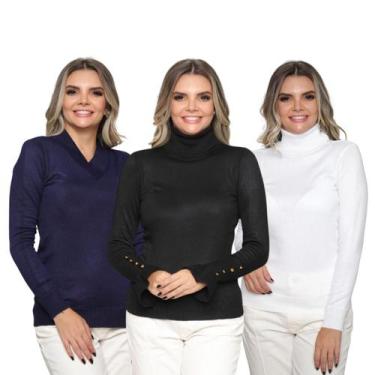 Imagem de Kit 3 Blusas Feminina de Tricot Manga Longa Tendência Frio 2024 - SP/C