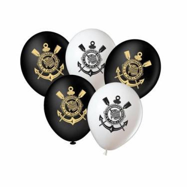 Imagem de Balão Corinthians Brasão Dourado Preto Branco 8" 20 Unid. - Piffer