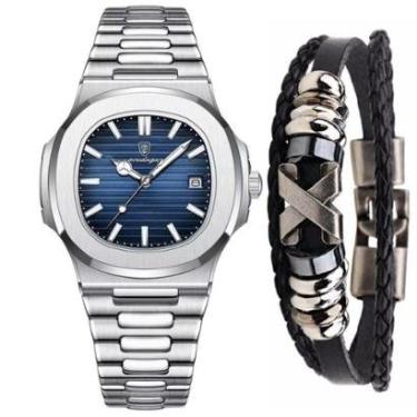 Imagem de Relógio Masculino Old Money Luxo Prateado + Pulseira Couro-Masculino