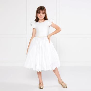 Imagem de Vestido Godê Liso Branco Festa Infantil Cinto Pérola Batismo - JL Kids