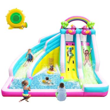 Imagem de Parque Aquático Inflável 6 em 1 com Tema Flamingo, Tobogã Duplo, Piscina de Splash - Diversão Garantida no Quintal!Hemopow